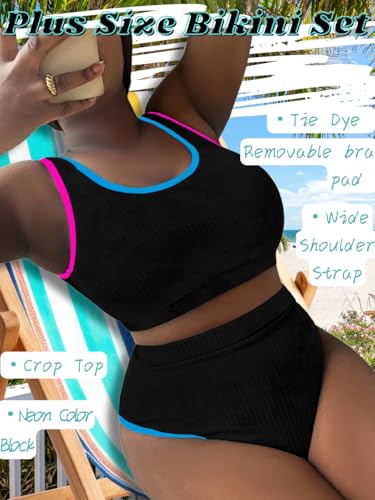 Plus Size High Waisted Bikini,Tie Dye Color Block Ribbed Swimsuit,2 Piece Bathing Suit for Curvy Women2