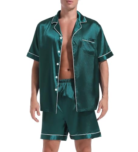 Couple Pajamas Set Men Satin Short Sleeve Sleepwear 2 Pcs Button Down Pjs Loungewear Green Large2