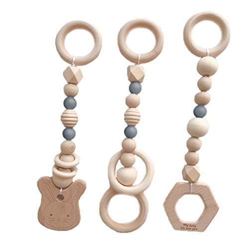 Royalr 3PCS/Set Baby Play Gym Silicone Beads Wood Wood Ring Teether Toddler Hanger Rattle Wood Ring Teething Toys Newborn Baby Pram Toy
