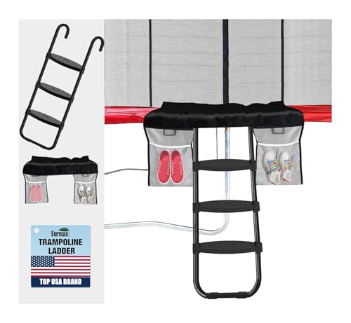 Eurmax USA Universal Trampoline Ladder 240 lbs Capacity 3 Wide Skid-Proof Steps&Shoe Storage Pocket UV-Resistant Steel Stairs for Kids Heavy Duty Universal Hook Fit Trampoline Accessories for Children