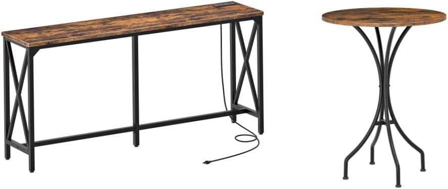 70.9'' Bar Table and Round High Top Table, Kitchen Dining Tables with Power Outlet and Footrest for Living Room, Meeting Room TBT08UBF-TBT06BF