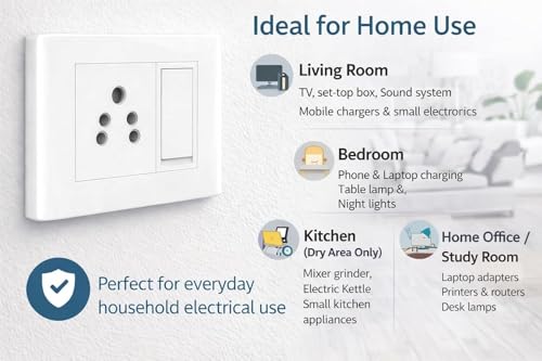 Image of Modular 5 Pin Socket with Switch, 6A Polycarbonate Switch Board Plate for Home & Office