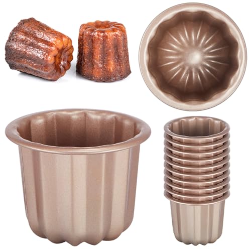 Blushtier 12 Pcs Canele Mold Cake Pan Non Stick small Copper Color Canele Molds Muffin Bakeware Cupcake Pan 2.8 Inch Carbon Steel Pastry Mould Mini Cupcake Holders DIY Cake Muffin Oven Baking Tool