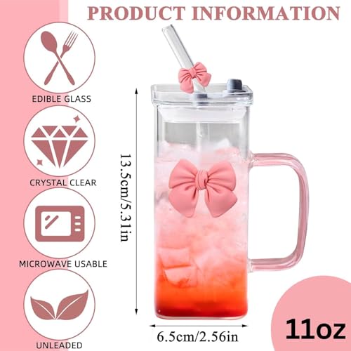 Image of FUNKYFINDS Pink Cute Bow Square Glass Cup with Lid and Straw, Pink Glass Tumbler with Handle Bow Knot Transparent Drinking Glasses for Juice, Iced Coffee, Milk, and Tea Girl Birthday Gifts (Set of 1)