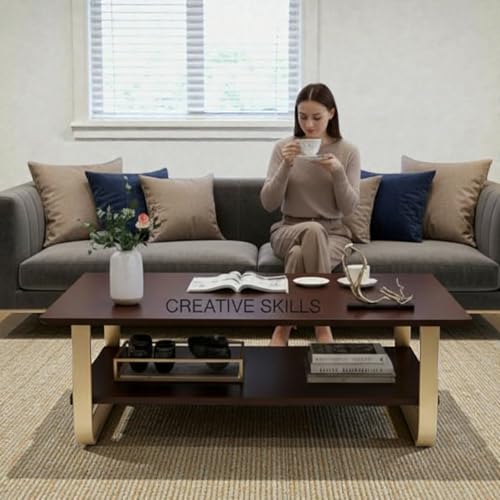 Image of Engineered Wood Coffee Table with Metal Base & 2 Tier Storage | Modern Rectangle Center Table for Living Room Sofa Set | Easy DIY Assembly (90 x 48 x 48 cm) (Brown Gold)