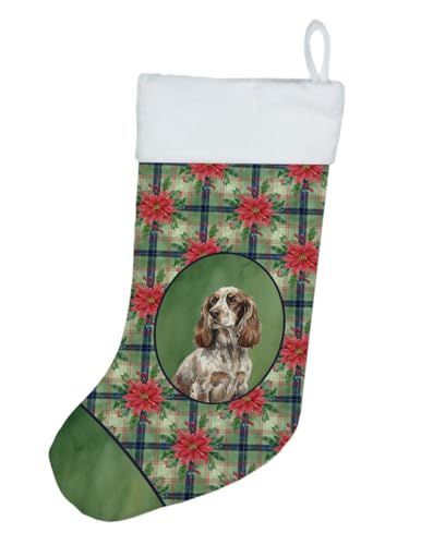 Caroline's Treasures Liver Roan English Cocker Spaniel Christmas Poinsettas Holiday Stocking Double-Sided Print, Polyester Suede,11x18, Made in USA