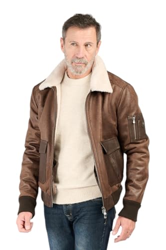 Photo de BARONE Veste d'hiver en cuir et alcantara, veste d'hiver homme aviateur, blouson aviateur en cuir MADE, marron, XL