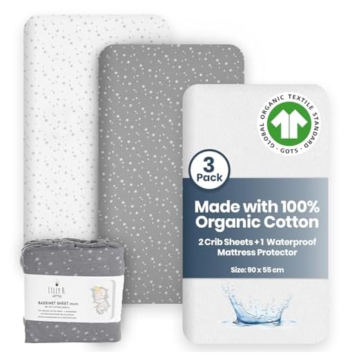 Spannbettlaken 90X55 Bio-Baumwolle, GOTS 2 + 1, wasserdicht, kompatibel mit Next2me und Allen Nachttischbetten, Stubenwagen bis 90 x 55 cm, 3 Stück Lilly B.