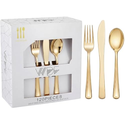 WDF 120 Pieces Gold Plastic Silverware - Disposable Flatware Set - Heavy Duty Plastic Cutlery - Silverware Includes 40 Forks, 40 Spoons, 40 Knives for Party/Birthday/Baby Shower/Wedding