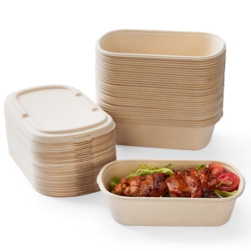 HorizonNest [100% Eco-Friendly] Disposable Food Containers with Lids Sugarcane Pulp Take Out Boxes Biodegradable Compostable Microwave Safe Lunch Containers Pack of 50 (24 OZ)