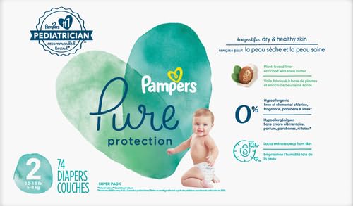 Pampers Baby Diapers - Pure Protection - Size 2, 74 Count, for up to 100% Leakproof, Premium Plant-based Skin Protection