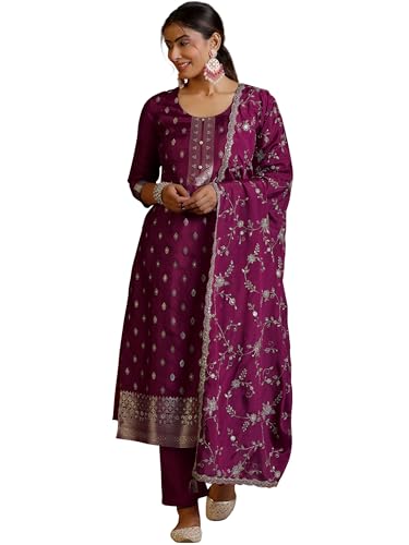 Image of Libas Womens Woven Design Silk Blend Straight Kurta With Trousers and Dupatta | daily wear suit