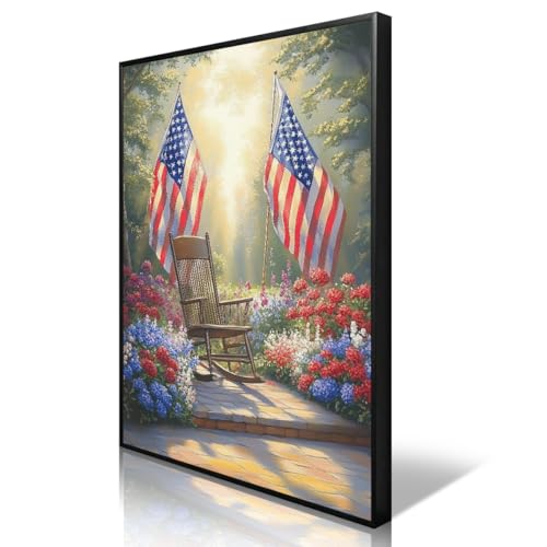 Image of American Flag Canvas Wall Art, 4th of July Patriotic Poster Print, USA Flag and Garden Floral Landscape Picture, Rustic Independence Day Wall Decor for Bedroom Living Room 16x24in Framed