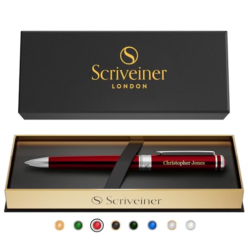 Image of Scriveiner Personalized Deep Crimson Red Ballpoint Pen - Stunning Red Lacquer Luxury Pen with Chrome Finish, Schmidt Ink Refill, Engraved Ball Point Gift Set for Men & Women, Custom Engraving