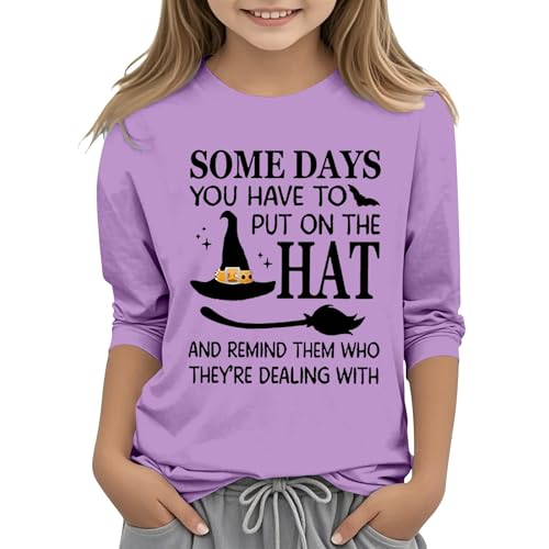 Teen Girls Halloween Shirts 3/4 Sleeve Crew Neck Cute Letter Graphic Tops Kids Fall Thin Casual Lightweight Clothes