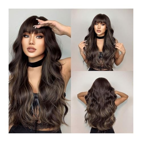 Perruque synthétique ondulée marron foncé avec frange longue pour femme