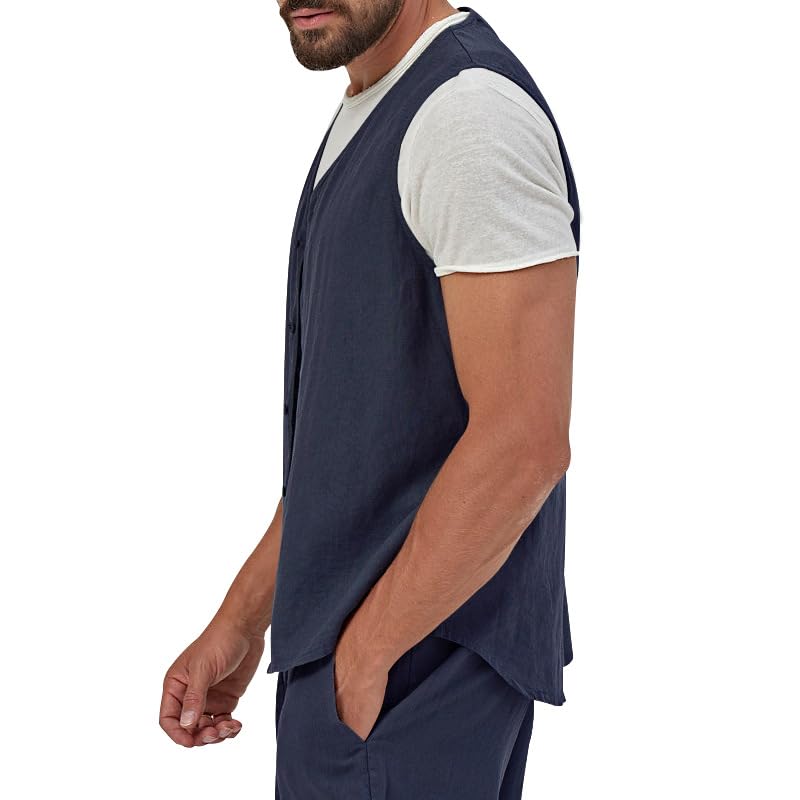 Vest for Men Casual Linen Waistcoat Button Down Sleeveless Thin Vest Beach Cardigan Outdoor Casual Tops Business Suit2