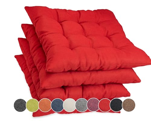 sunnypillow 4er Set Stuhlkissen mit Bändern 40x40 cm - Bequeme Polsterauflage 8cm dick - Auflage für Stühle/Bänke in Haus und Garten Sitzkissen Sitzauflage Gartenkissen Outdoor/Indoor - Rot