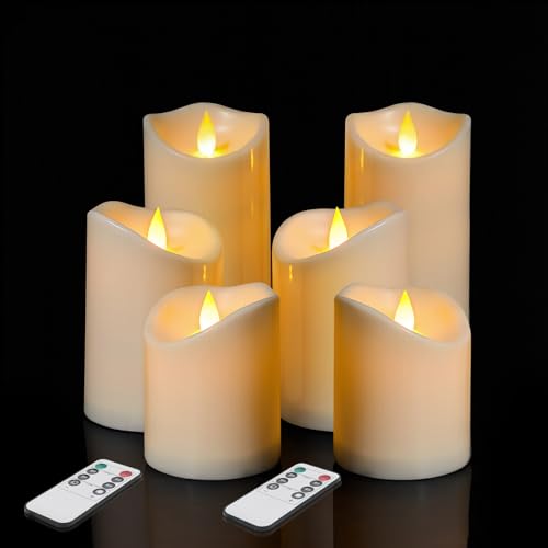 Image of Flameless Candles 4 inch 5 inch 6 inch Set of 6 Outdoor Indoor Pillars Battery Operated Flickering Candles Include 8-Key Remote Timer Function, Ivory Fake Plastic Candles for Wedding, Aniversary,Christmas Decor