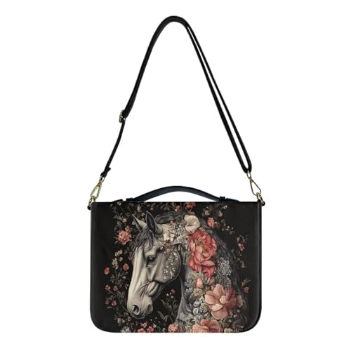 Floral Horse Bible Cover Case for Girls PU Leather Bible Bag Journal Case with Handle Shoulder Strap Medium Size Crossbody Messenger Bags for Daily Use