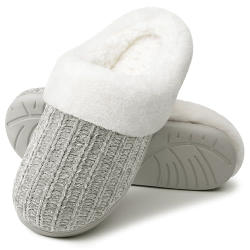 shoeslocker Women's Memory Foam Fuzzy Slippers Knit house shoe for Women Comfy Wool-Like Lined Slippers Indoor Outdoor - Main Image