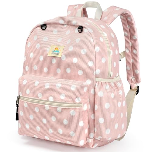 Image of STEAMEDBUN Corduroy Kids Backpack for Girls and Boys 5-8: Girls Backpack for Elementary Kindergarten - 15 inch Cute Backpacks for Kids - Polka Dot