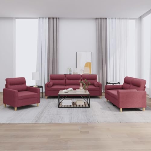 vidaXL Sofagarnitur 3-TLG., Sessel Couch mit Kissen, Sofa Wohnzimmersofa mit Armlehnen, Couchgarnitur Designsofa Sitzmöbel Polstermöbel, Weinrot Stoff – Bild 3