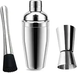 Kit para Drinks e Coquetéis com Coqueteleira, Socador e Medidor - Conjunto de Aço Inoxidável Profissional e Uso Doméstico