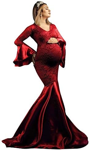 Pregnant Women Mermaid Maternity Dress for Baby Shower Photography Long Bell Sleeve Maternity Gown Slim Fitted Maxi Gown Satin V Neck Bodycon Floral Lace Maternity Dress for Photo Shoot Burgundy S