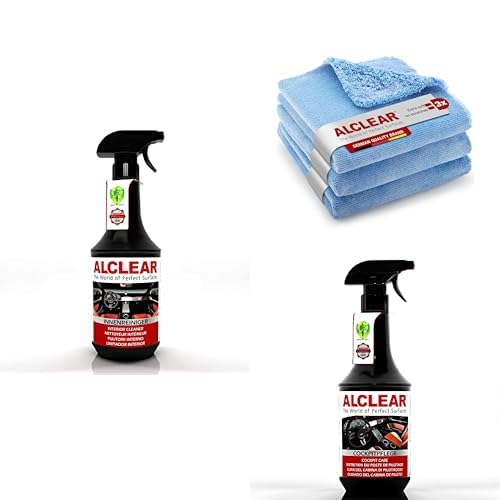 ALCLEAR® 95V05 Premium Kit Innenreinigung Auto: Innenreiniger für Cockpit, Polster & Display, 3er Mikrofaser Poliertücher, Cockpitpflege Seidenglanz