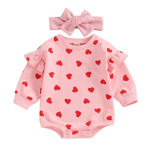 Image of FIOMVA Valentines Baby Girl Outfit Newborn Bubble Romper Infant Sweatshirt Onesie Toddler Heart Print Clothes