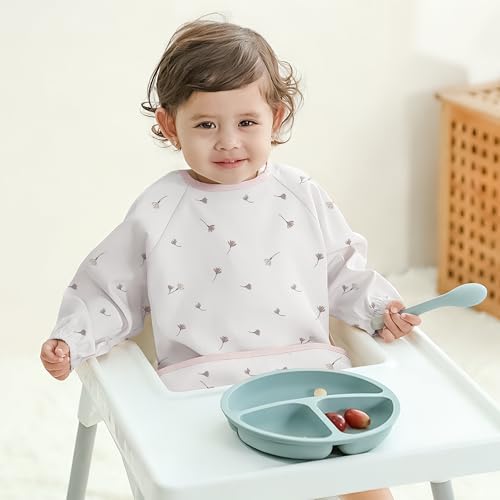 Image of Susurration Baby Long Sleeve Bib Waterproof Sleeved Bib Smock for Baby | 2 Pack Baby Reusable Feeding bibs, 6-36 Months Baby Feeding Essentials - Pink Flower