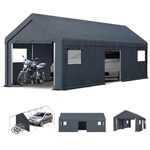 MFSTUDIO Outdoor Carport 13x24 ft, Portable Storage Sheds Shelter Garages Heavy Duty Canopy with Rolled up Zipper Doors and Sidewalls, Outside Utility Shed Garage Car Tent for Boat Truck and Tools