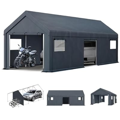 MFSTUDIO Outdoor Carport 13x24 ft, Portable Storage Sheds Shelter Garages Heavy Duty Canopy with Rolled up Zipper Doors and Sidewalls, Outside Utility Shed Garage Car Tent for Boat Truck and Tools