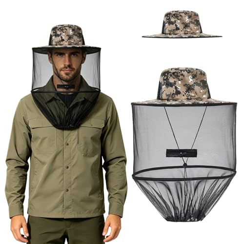 KASURE Foldable Mosquito Head Net Hat Breathable Midge Hat with Removable Net for Fishing Camping Hiking Outdoor Use Grey Camo One Size Fits Most