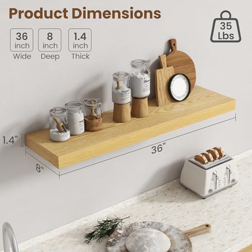 Image of 36 Inch Floating Shelves for Wall, 8 Inch Deep Floating Shelf for Storage & Display, Rustic Wall Mounted Shelf with Invisible Brackets for Living Room, Kitchen, Bathroom, Home Decor, Set of 2, Oak