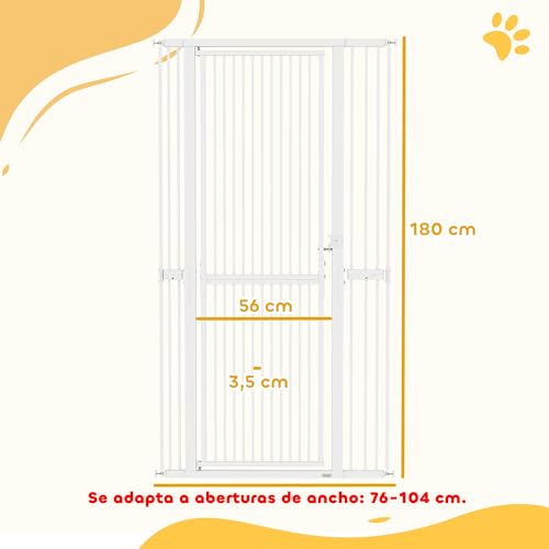 PawHut Sicherheitsgitter für Hunde und Katzen, extra hoch, 180 cm, ausziehbar, 76-104 cm, Abstand 3,5 cm, für Türen und Treppen, mit Druckmontage, 2 Verlängerungen, Weiß