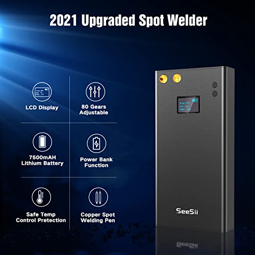 Upgraded Portable Spot Welder with LCD Screen, Seesii 80 Gears Adjustable Mini DIY Battery Spot Welder for Battery Plate Welding, Built-in 7500ma-h Battery, Nickel Strip & USB Charging Cable