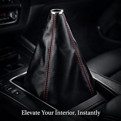 Image of Dweekiy Universal Leather Gear Shift Knob Cover - Premium Black PU with Red Stitching, Non-Slip Dust Protector for Manual Transmission Cars, Easy Install Trim to Fit