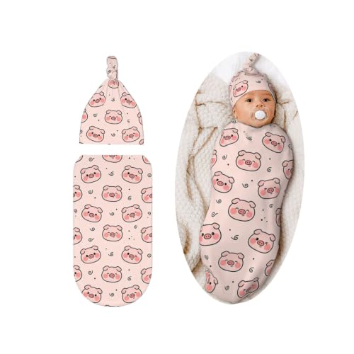 Image of Cute Pig Baby Stuff Swaddle Blanket with Hat, Newborn Receiving Blanket Set