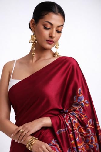 Image of Japan Satin Floral Print Saree for Women with Blouse Piece - Satin Finish Draped Saree