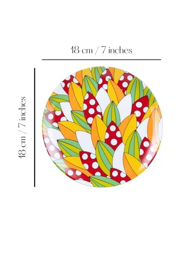 Image of GOLDEN QUEEN'S Snack Plates Set of 4 | Perfect for Snacks, Desserts, Appetizers, Salads, Tapas, Cheese | 7 inches Wide | Microwave Safe (Red & Yellow Abstract)