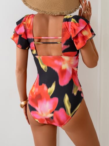 Image of Eomenie Women's Tummy Control One Piece Swimsuit Ruffle Square Neck Bathing Suit Ruched Cutout Back Slimming Swimwear