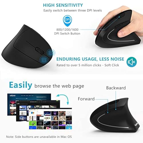 Image of MICROWARE Ergonomic Mouse; Vertical Wireless Mouse - Rechargeable 2.4GHz Optical Vertical Mice : 3 Adjustable DPI 800 /1200 /1600 Levels 6 Buttons; for Laptop; PC; Computer; Desktop; Black