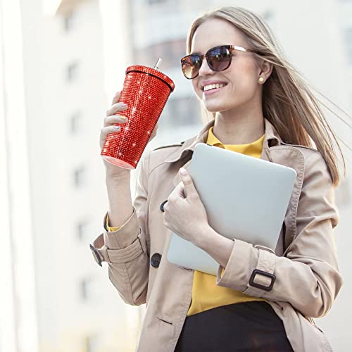 Studded Bling Diamond Tumbler Glitter Water Bottle With Lid Stainless Steel Vacuum Thermal Straw Tumbler Rhinestone Tumbler With 1 Pcs Cup Brush 6 Pcs Straw Brushes For Women (16.9 Oz, Red) #TOP3