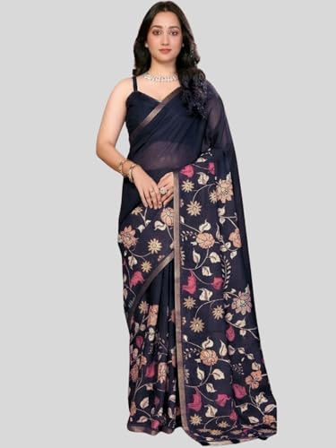 Image of SAMANTHA Black Floral Print Ready to Wear Linen Saree with Pocket & Adjustable Belt