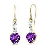 Gem Stone King 1.72 Ct Heart Shape Purple Amethyst White Topaz 14K Yellow Gold Earrings