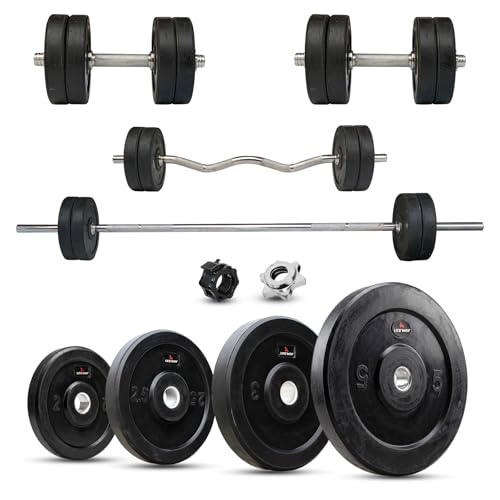 Image of Leeway 90kg Combo | Home Gym Set for Men | Barbell Rod with Plates and Dumbbell Set | Rubber Weight Plates, 3 Ft Curl + 5 Ft Rod (28mm) | Gym Equipments Zym, Jim ka Saman (90kg Set (2X4+3X4+5X6+10X4))
