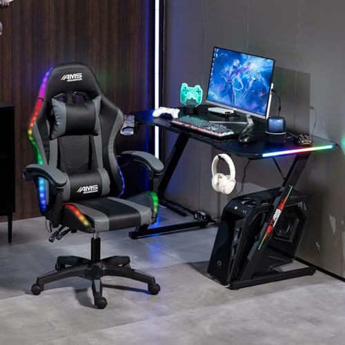 Chaise Gamer#02-Grey-LED - Coloris Noir & Gris - LED RGB 358 Effets - Télécomande - Coussins Lombaire & appuie-tête – Image 3