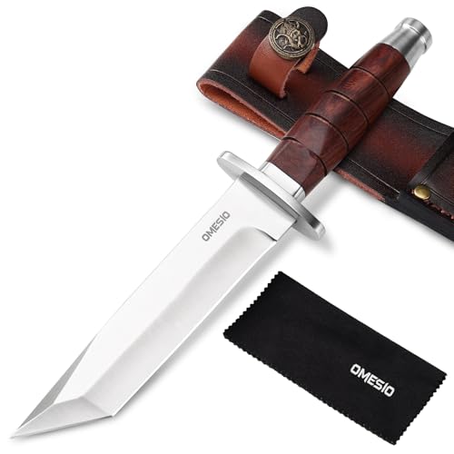 Omesio L-KB Tanto Outdoor Messer feststehende Klinge – Jagdmesser mit 15,5 cm Tanto-Klinge aus 5Cr14MoV Edelstahl – Holzgriff & Lederscheide – Retro Survival Messer für Camping, Bushcraft & Überleben